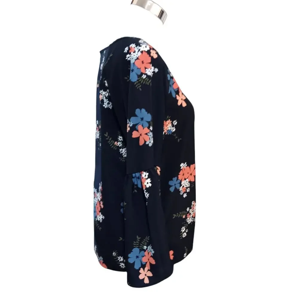 MICHAEL KORS Blouse Top S Navy Blue Floral Bell Sleeves‎ Hip Tie Cottage Career
